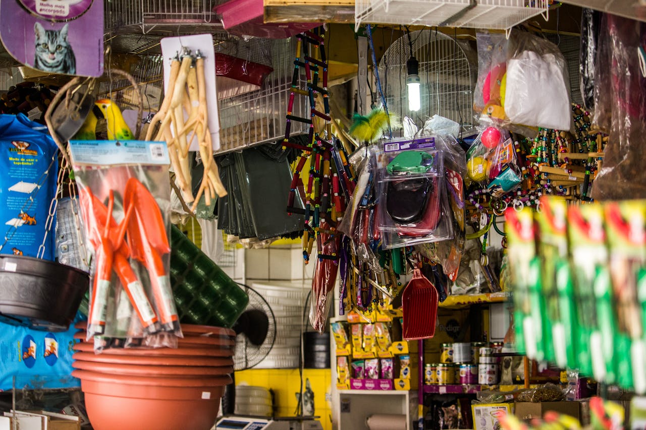 Vibrant pet shop scene featuring various animal supplies and merchandise arranged on shelves.